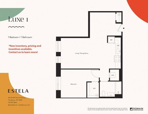 Floor plan for 1 bed, 1 bath, 869 sqft